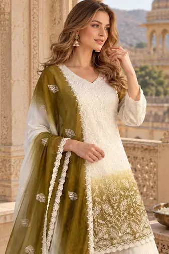 White & mustard faux georgett readymade suit with embroidery & diamond work
