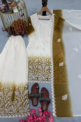 White & mustard faux georgett readymade suit with embroidery & diamond work