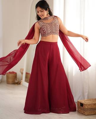 Women's Beautiful Embroidery Crunchy Silk Fabric Straight Crop Top Palazzo and Dupatta Set 1