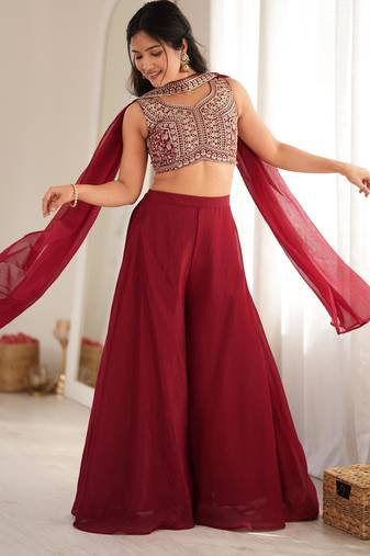 Women's Beautiful Embroidery Crunchy Silk Fabric Straight Crop Top Palazzo and Dupatta Set