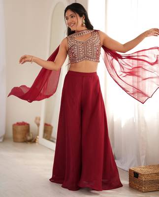 Women's Beautiful Embroidery Crunchy Silk Fabric Straight Crop Top Palazzo and Dupatta Set 3