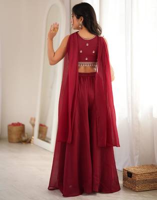 Women's Beautiful Embroidery Crunchy Silk Fabric Straight Crop Top Palazzo and Dupatta Set 4