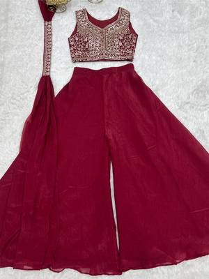 Women's Beautiful Embroidery Crunchy Silk Fabric Straight Crop Top Palazzo and Dupatta Set 5