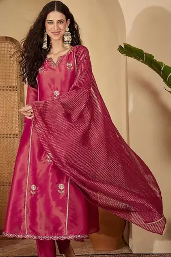 Rani embroidery shimmer silk kurta with pant and dupatta