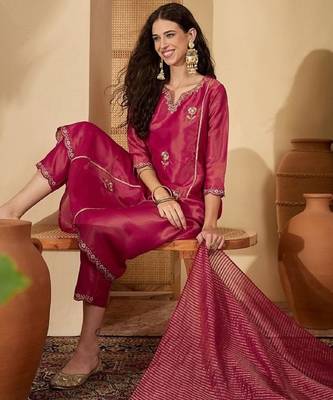 Rani embroidery shimmer silk kurta with pant and dupatta 3