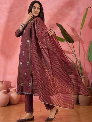 Brown embroidery shimmer silk kurta with pant and dupatta 3