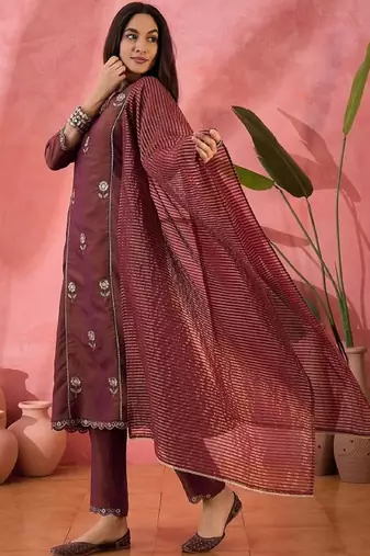 Brown embroidery shimmer silk kurta with pant and dupatta