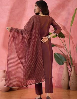 Brown embroidery shimmer silk kurta with pant and dupatta 4