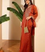 Orange embroidery organza silk kurta with plazzo and dupatta