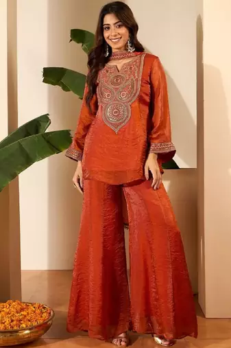 Orange embroidery organza silk kurta with plazzo and dupatta