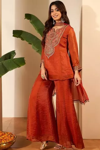 Orange embroidery organza silk kurta with plazzo and dupatta