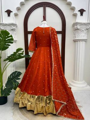 Rust orange silk anarkali suit with golden border and embroidered dupatta 5