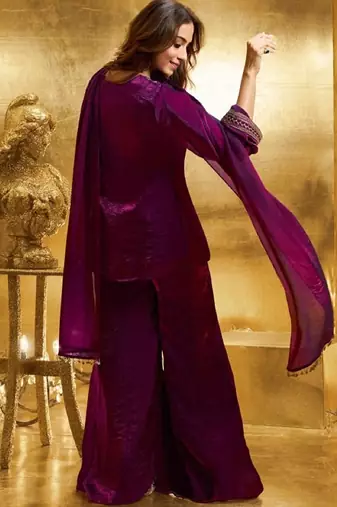 Wine embroidery organza silk kurta with plazzo and dupatta
