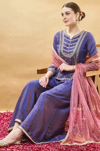 Blue embroidery pure silk kurta with plazzo and dupatta
