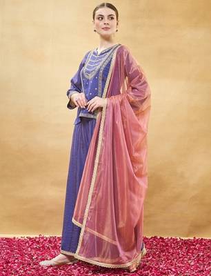 Blue embroidery pure silk kurta with plazzo and dupatta 2