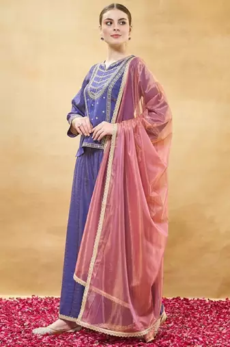 Blue embroidery pure silk kurta with plazzo and dupatta