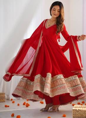 Women's Beautiful Embroidery Work Vichitra Silk Fabric Flared Anarkali Pant and Dupatta Set 1