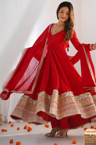 Women's Beautiful Embroidery Work Vichitra Silk Fabric Flared Anarkali Pant and Dupatta Set