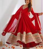 Women's Beautiful Embroidery Work Vichitra Silk Fabric Flared Anarkali Pant and Dupatta Set