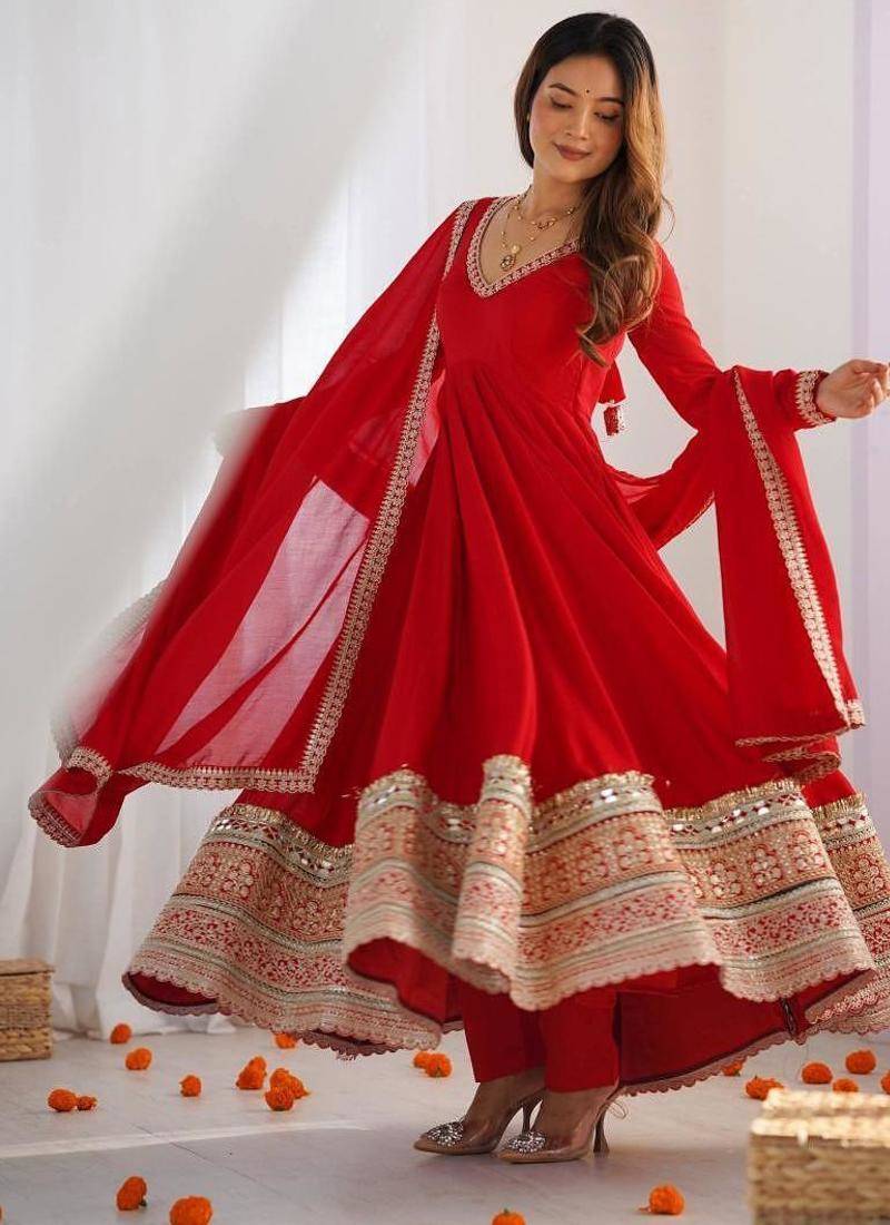 Women's Beautiful Embroidery Work Vichitra Silk Fabric Flared Anarkali Pant and Dupatta Set
