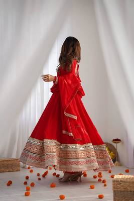 Women's Beautiful Embroidery Work Vichitra Silk Fabric Flared Anarkali Pant and Dupatta Set 2
