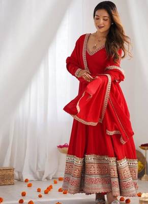 Women's Beautiful Embroidery Work Vichitra Silk Fabric Flared Anarkali Pant and Dupatta Set 3