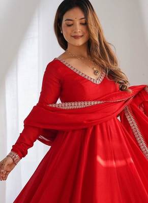 Women's Beautiful Embroidery Work Vichitra Silk Fabric Flared Anarkali Pant and Dupatta Set 4