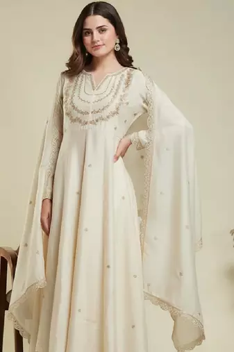 Off white embroidery vichitra silk kurta with pant and dupatta