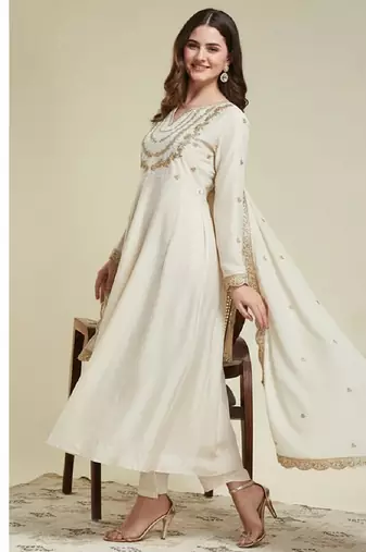 Off white embroidery vichitra silk kurta with pant and dupatta
