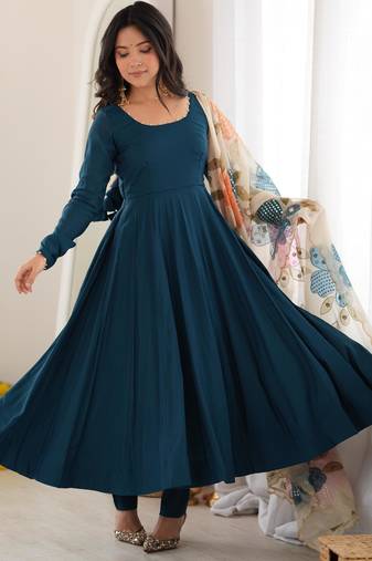 Women's Beautiful Solid Roman Silk Fabric Flared Anarkali Pant and Dupatta Set