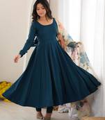 Women's Beautiful Solid Roman Silk Fabric Flared Anarkali Pant and Dupatta Set