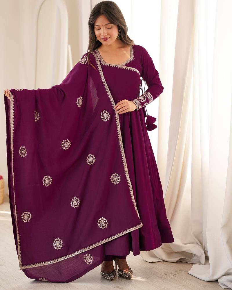 Women's Beautiful Embroidery Work Roman Silk Chanderi Fabric Flared Anarkali Pant and Dupatta Set