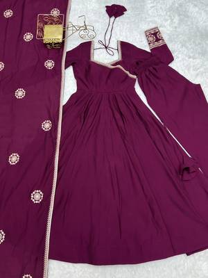 Women's Beautiful Embroidery Work Roman Silk Chanderi Fabric Flared Anarkali Pant and Dupatta Set 5