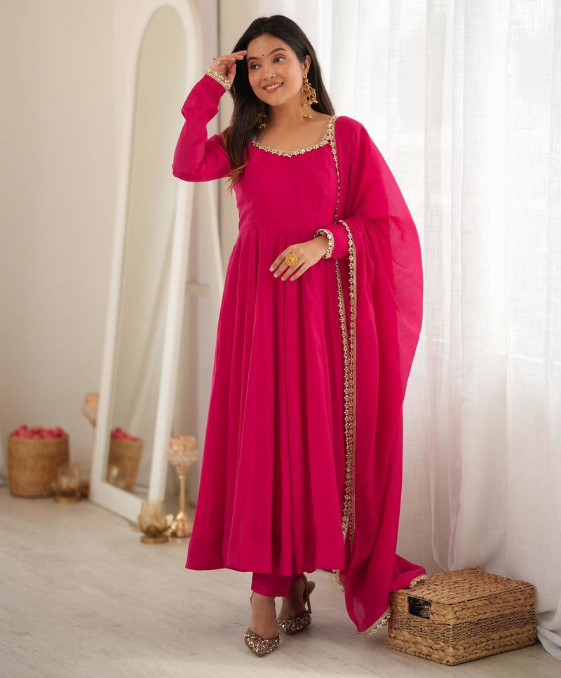 Women's Beautiful Embroidery Work Chanderi Fabric Flared Anarkali Pant and Dupatta Set