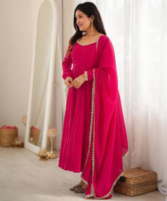 Women's Beautiful Embroidery Work Chanderi Fabric Flared Anarkali Pant and Dupatta Set 3