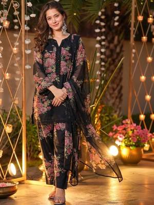 Women's Beautiful Faux Georgette Fabric Printed Work Straight Kurta Palazzo and Dupatta Set 1