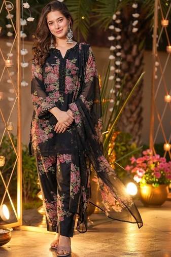Women's Beautiful Faux Georgette Fabric Printed Work Straight Kurta Palazzo and Dupatta Set