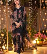 Women's Beautiful Faux Georgette Fabric Printed Work Straight Kurta Palazzo and Dupatta Set