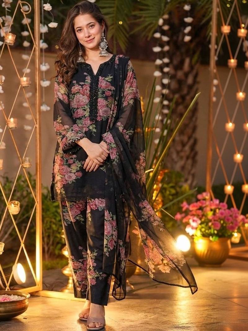 Women's Beautiful Faux Georgette Fabric Printed Work Straight Kurta Palazzo and Dupatta Set