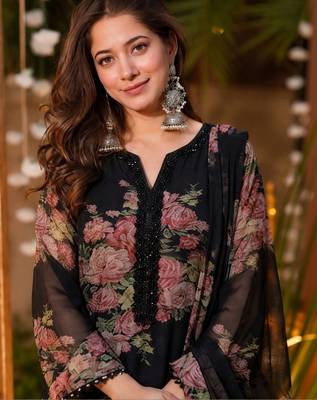 Women's Beautiful Faux Georgette Fabric Printed Work Straight Kurta Palazzo and Dupatta Set 2