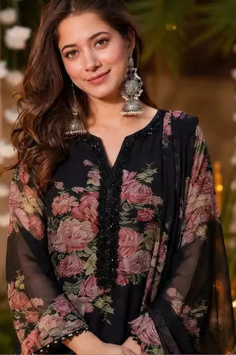 Women's Beautiful Faux Georgette Fabric Printed Work Straight Kurta Palazzo and Dupatta Set