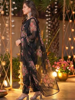 Women's Beautiful Faux Georgette Fabric Printed Work Straight Kurta Palazzo and Dupatta Set 3