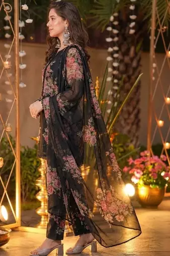 Women's Beautiful Faux Georgette Fabric Printed Work Straight Kurta Palazzo and Dupatta Set
