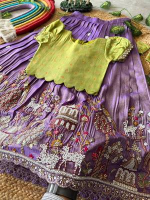 Lavender viscose tissue with beads and moti work kids lehenga choli 4