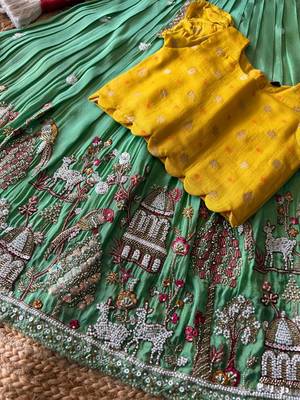 Seagreen viscose tissue with beads and moti work kids lehenga choli 5