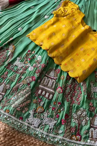Seagreen viscose tissue with beads and moti work kids lehenga choli