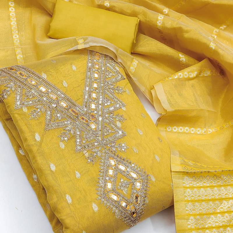  yellow embroidered v-neck unstitched dress material with shimmer dupatta