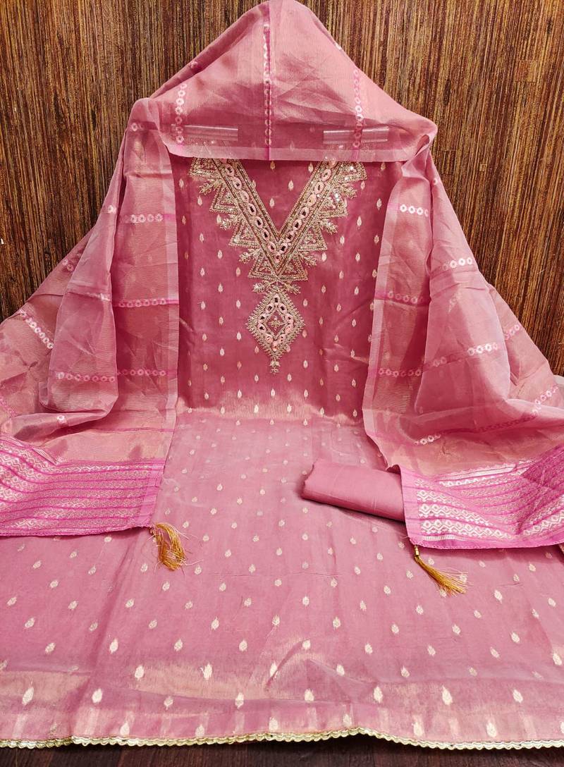  pink embroidered v-neck unstitched dress material with shimmer dupatta