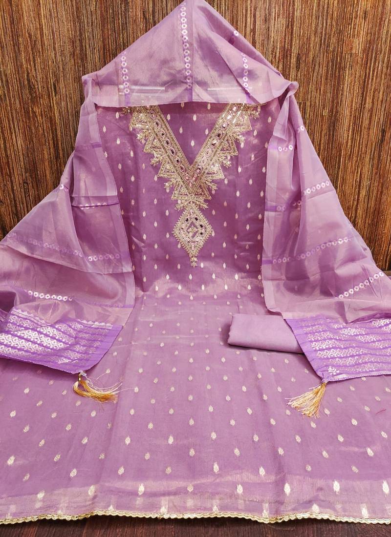  purple embroidered v-neck unstitched dress material with shimmer dupatta