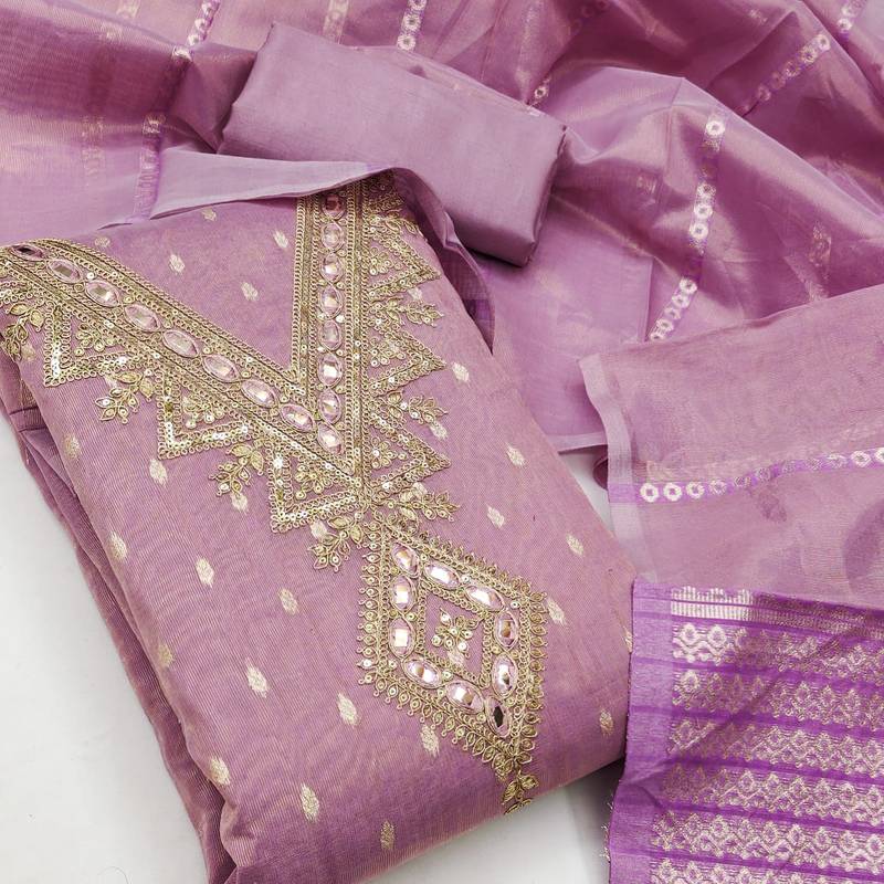 purple embroidered v-neck unstitched dress material with shimmer dupatta